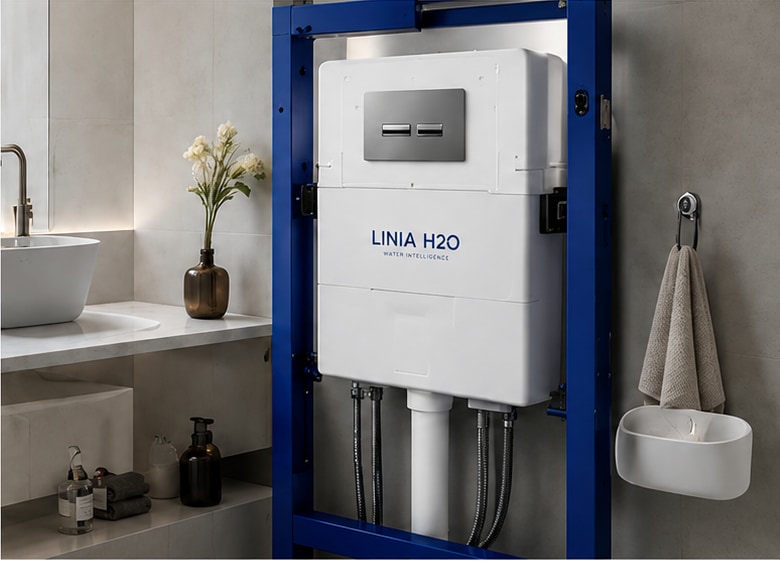 Instalație LINIA H2O cu butonul de spălare ales în interiorul băii